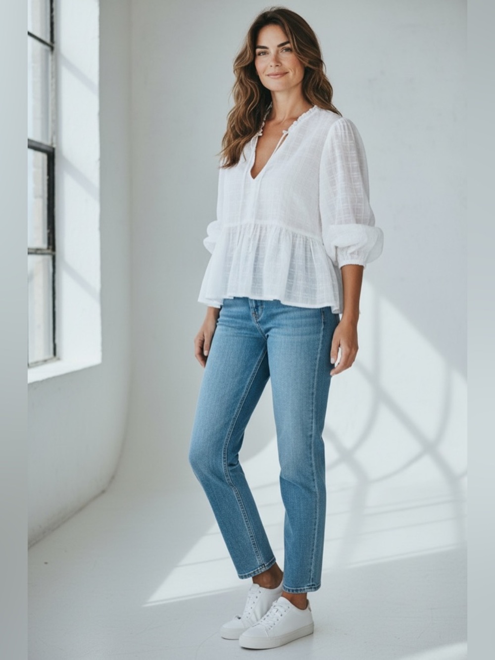 American Eagle Outfitters White Peasant Tie-Neck Blouse - Picture 2 of 9